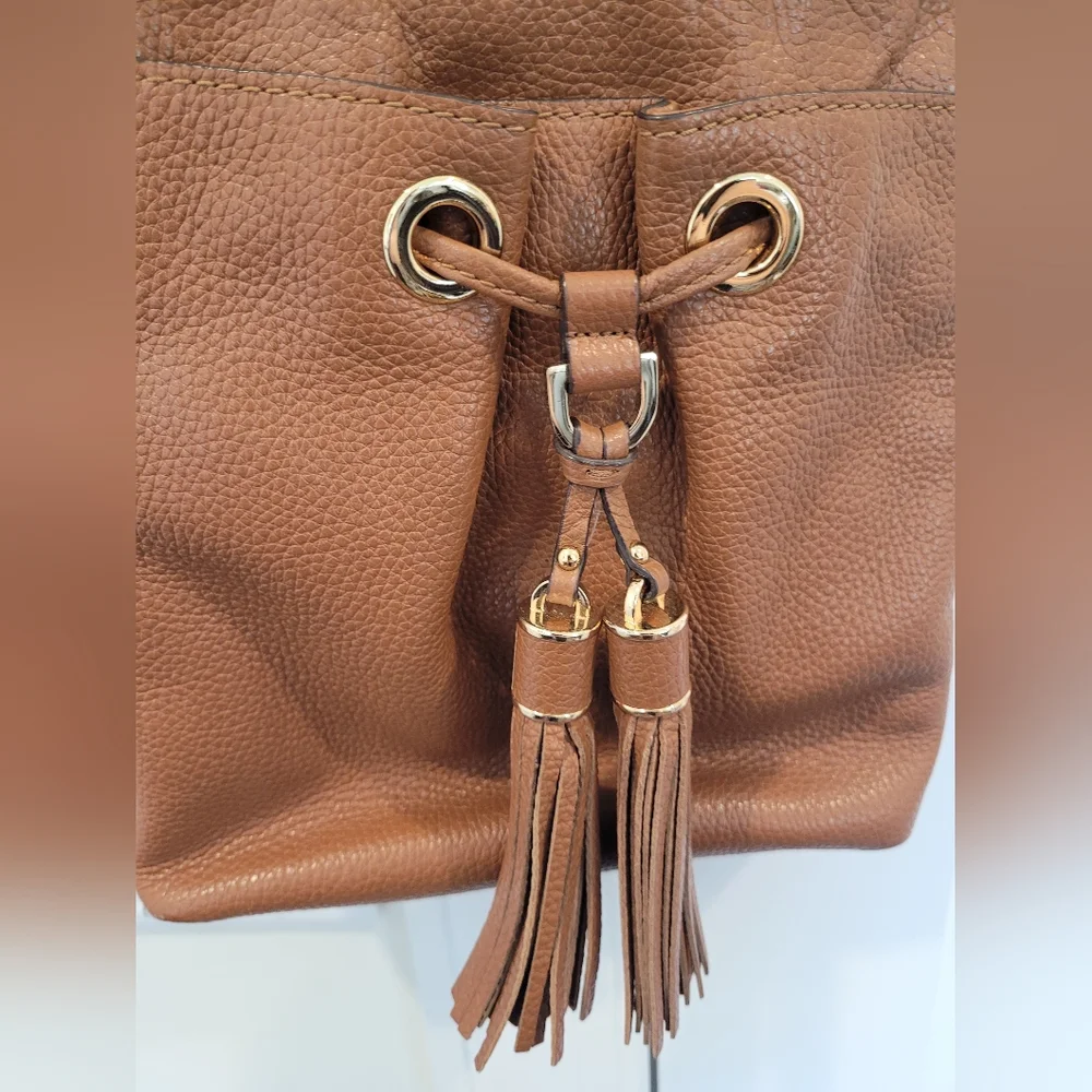 Michael Kors Bag Camden Drawstring Brown Genuine Leather Tassel Small Crossbody